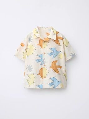 Cream Bird Print Button-Down Shirt